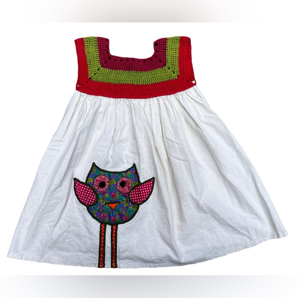 Colorful Owl Dress Patchwork Girls Size 6 Crochet Sundress Summer Bird Button